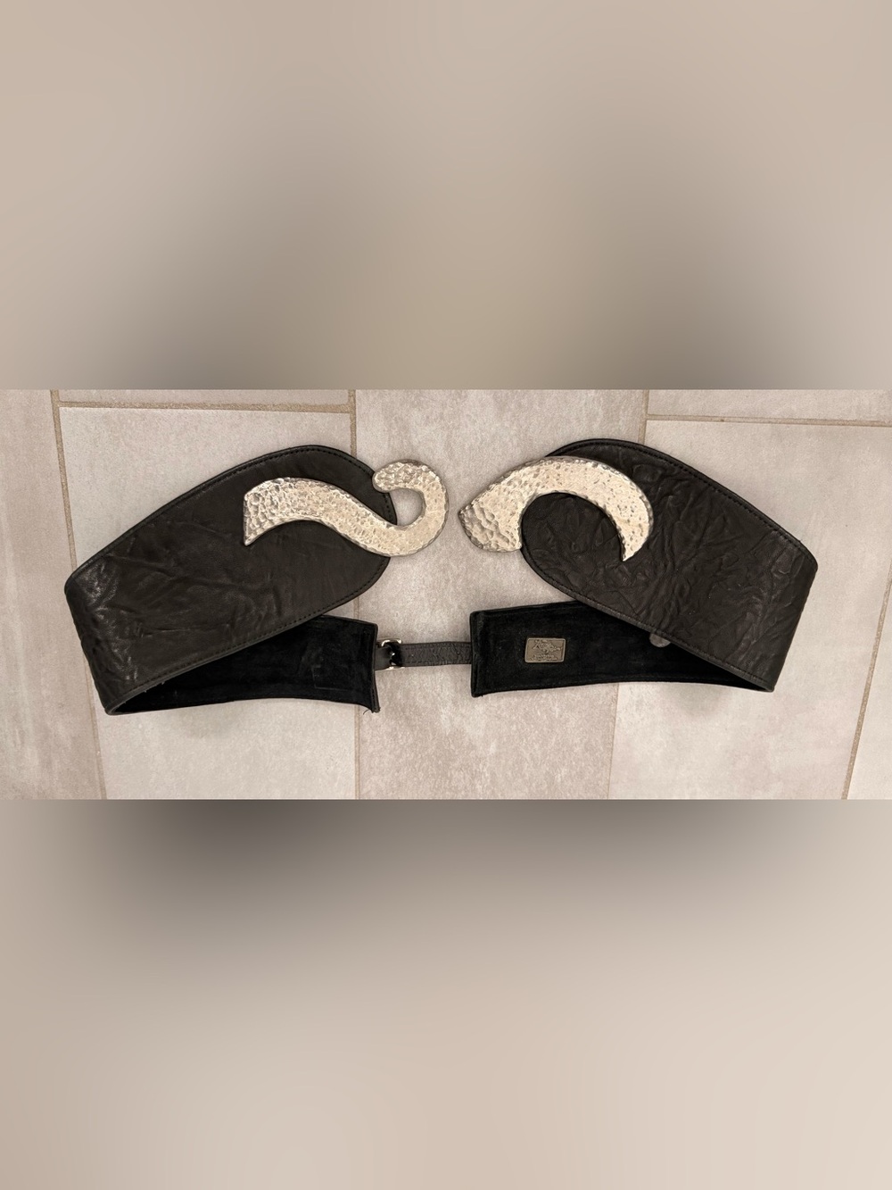 Raina Hammered Silver Accent Black Leather Belt
